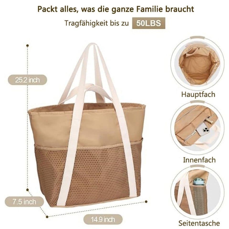 Waterproof Beach Bag for Women with Zipper, Sand-Resistant Design, Shoulder Strap, Perfect for Beach and Travel, Black