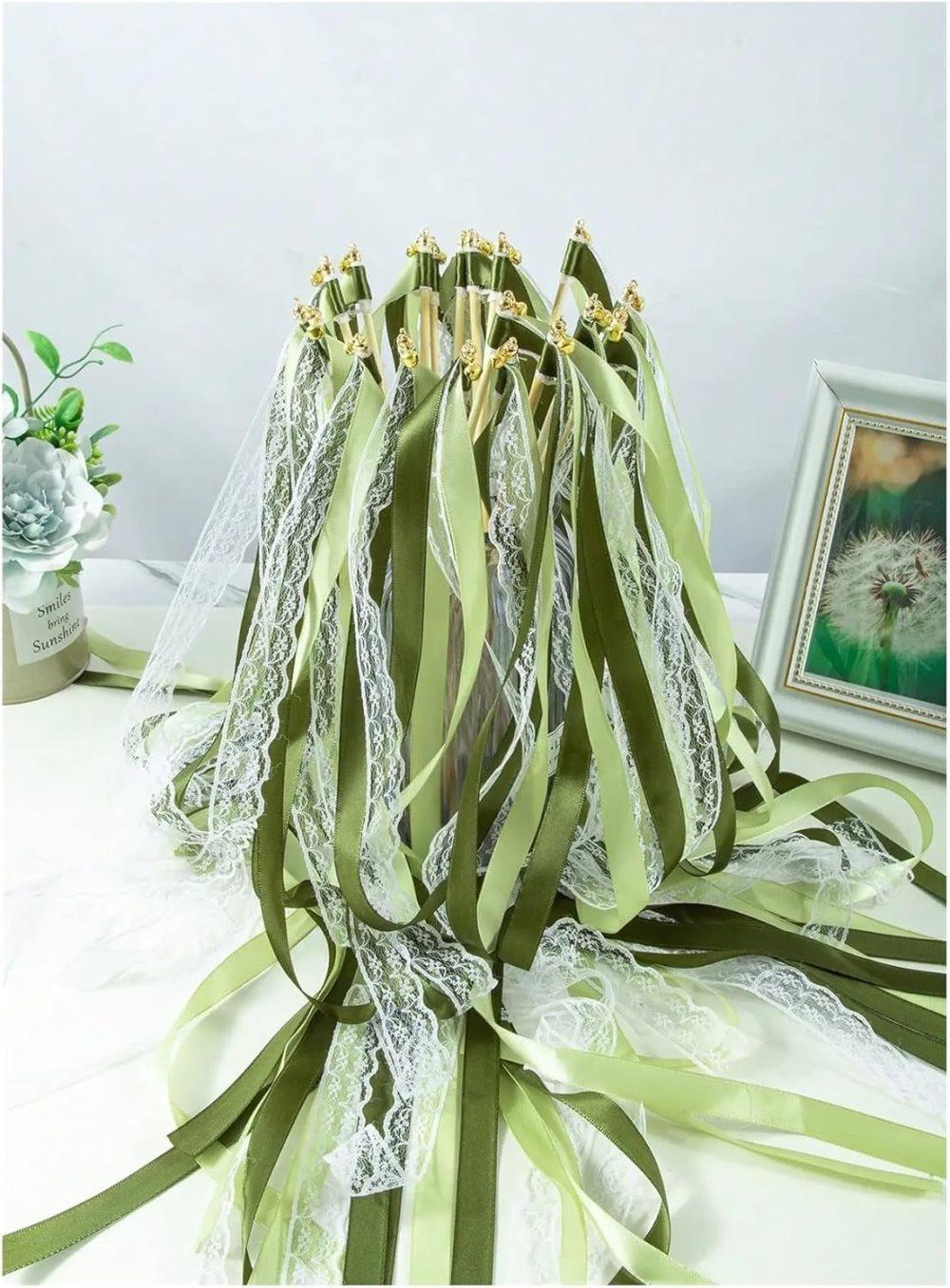 30 Pack Green Satin & Lace Ribbon Wands for Wedding Party Decor, 30cm