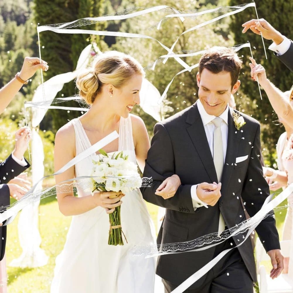 30 Pack Green Satin & Lace Ribbon Wands for Wedding Party Decor, 30cm