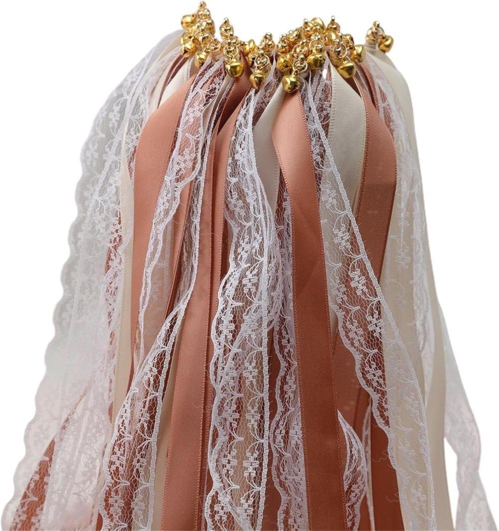 30 Pack Satin & Lace Ribbon Wands with Bells for Wedding Party Decor, 30cm