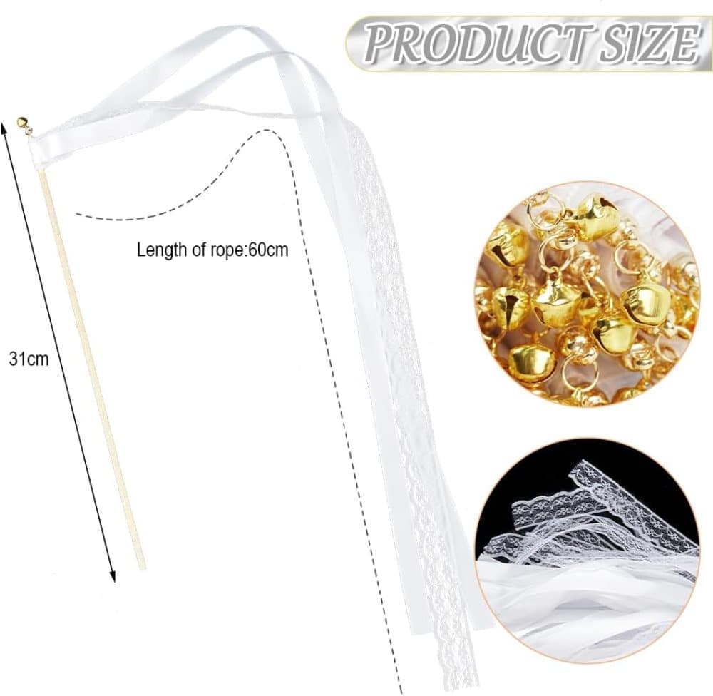 30 Pack Satin & Lace Ribbon Wands with Bells for Wedding Party Decor, 30cm