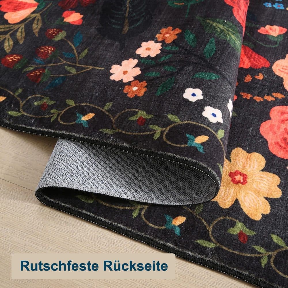 Bohemian Floral Doormat Non-slip Absorbent Dirt-Resistant Machine Washable for Bathroom Hallway and Kitchen, 40x60cm, Black