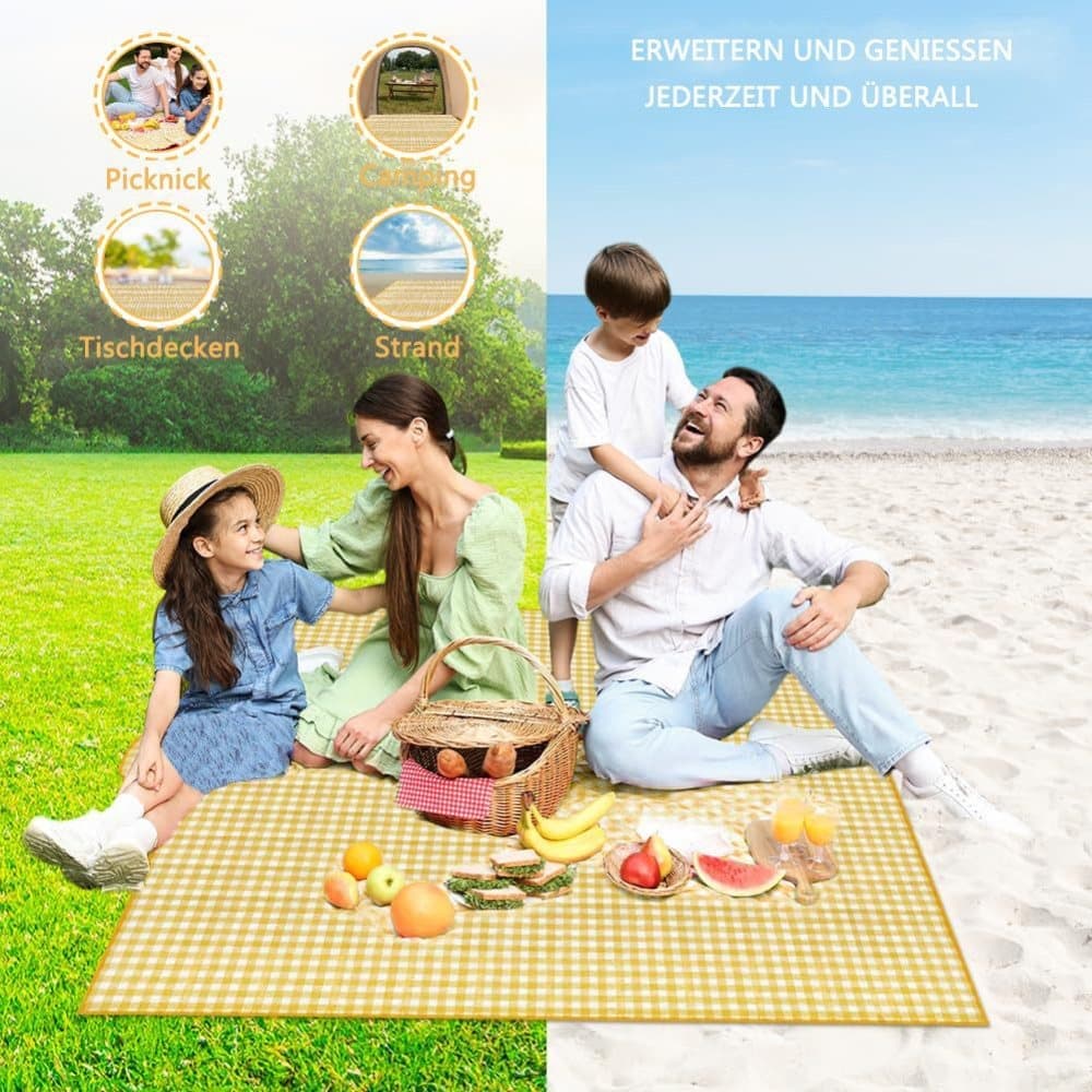 2-Pack Waterproof Picnic Mat Foldable with Carrying Handle for Camping Beach Park Outdoor Activities, 150x200cm, Yellow