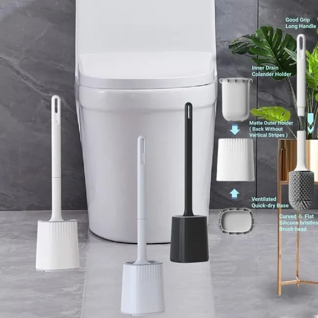 Silicone Toilet Brush with Holder Deep Cleaning Brush Black Standing or Wall Mounted