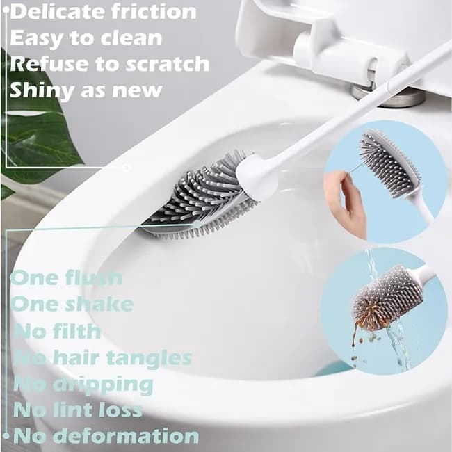 1 pcs Silicone Toilet Brush with Holder, White, Standing or Wall Mounted