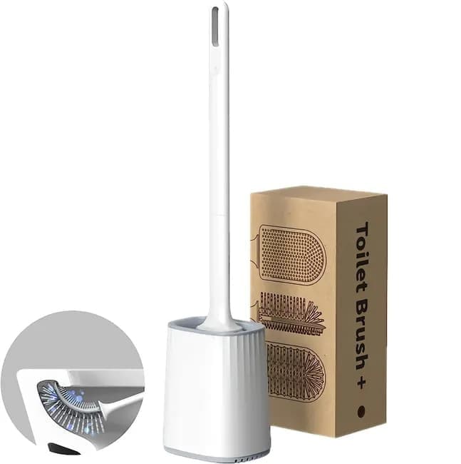 1 pcs Silicone Toilet Brush with Holder, White, Standing or Wall Mounted