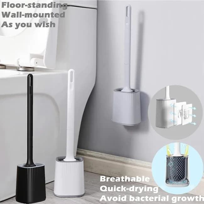 1 pcs Silicone Toilet Brush with Holder, White, Standing or Wall Mounted