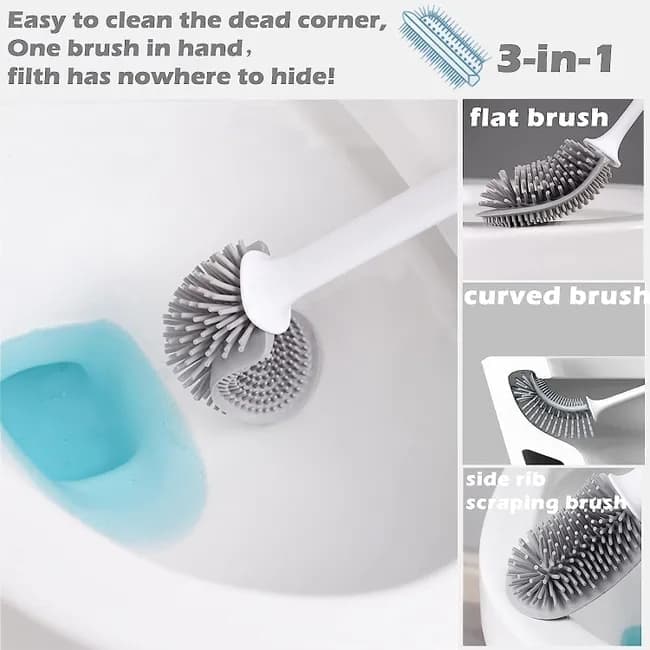 1 pcs Silicone Toilet Brush with Holder, White, Standing or Wall Mounted