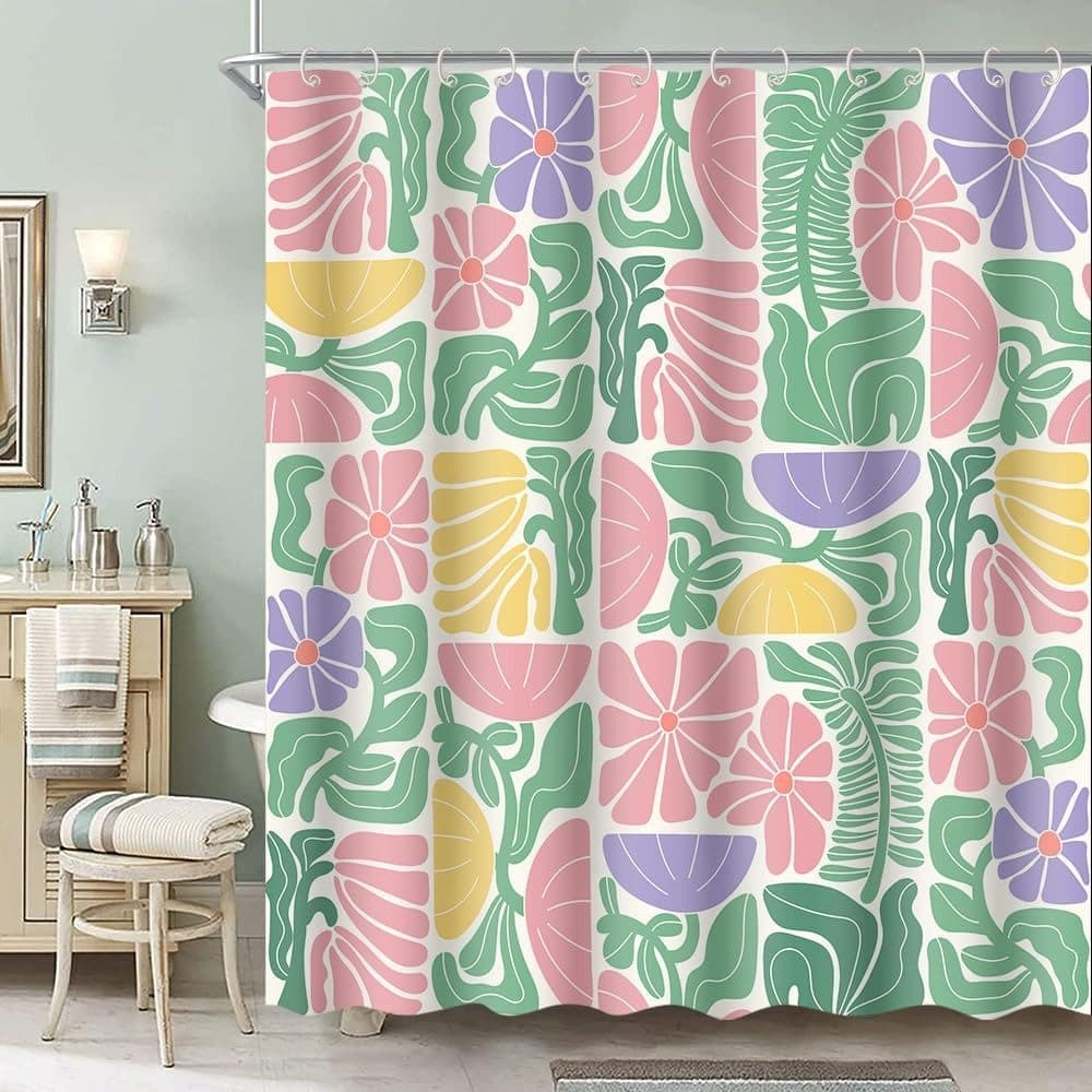 Bohemian Shower Curtain 180x180 cm, Multicolored Abstract Floral Pattern Retro Patchwork Geometric Plants, Includes 12 Hooks