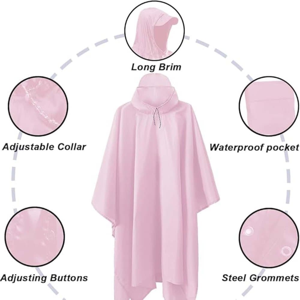 3-in-1 Multifunctional Waterproof Rain Jacket Poncho with Hood, Breathable Raincoat Pink