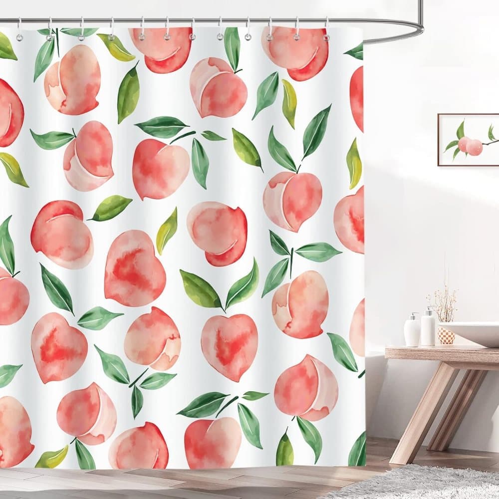 70x72 inches Shower Curtain 3D Fruit Motif Waterproof Mold Resistant with 12 Hooks, Pink