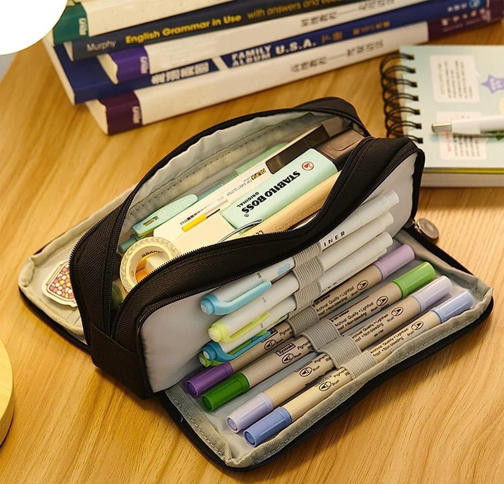 Kids School Pencil Case 3 Compartment Multifunctional Pouch, Yellow