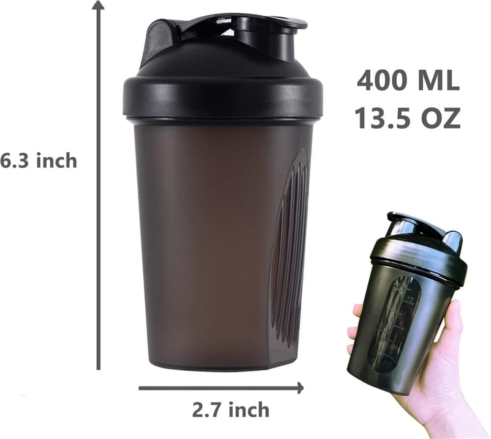 Protein Shaker 400 ml, Leak-proof Water Bottle with Stainless Steel Strainer and Measuring Scale, Purple