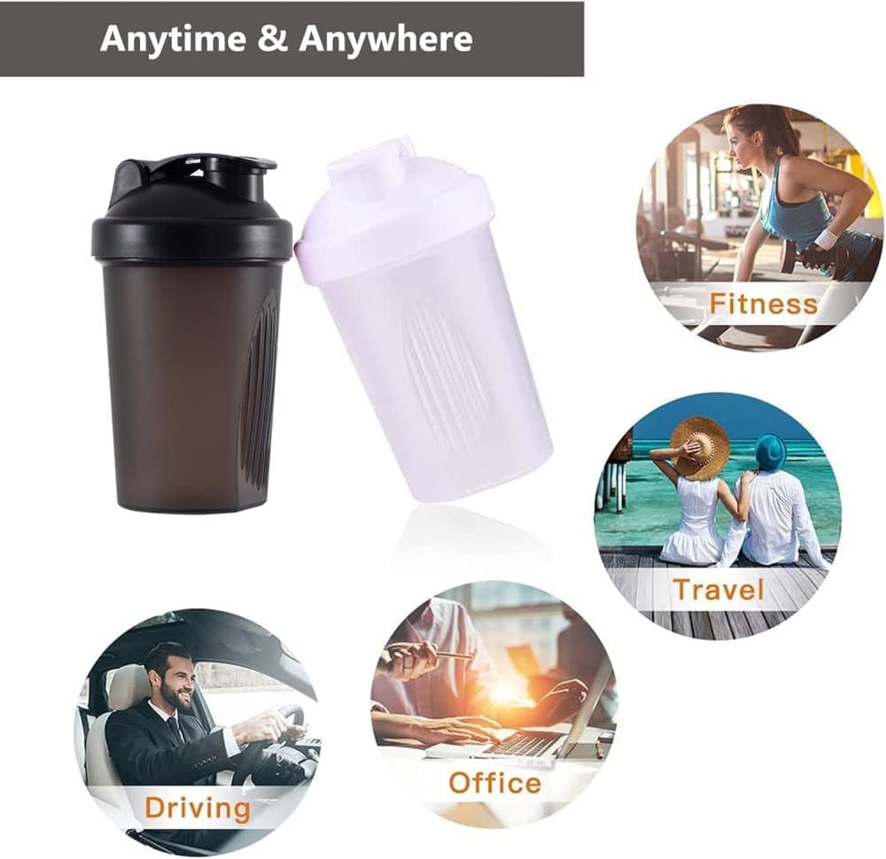 Protein Shaker 400 ml, Leak-proof Water Bottle with Stainless Steel Strainer and Measuring Scale, Purple