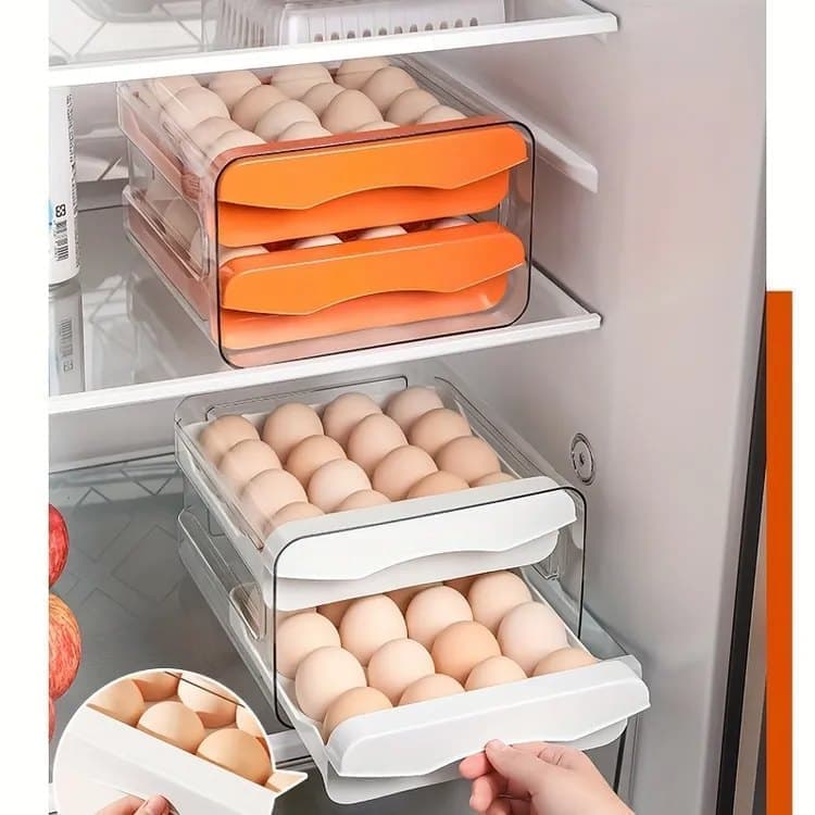32-pcs XL Egg Storage Container, Transparent Double Layer Egg Holder for Refrigerator, Egg Dispenser, Stacks, Orange