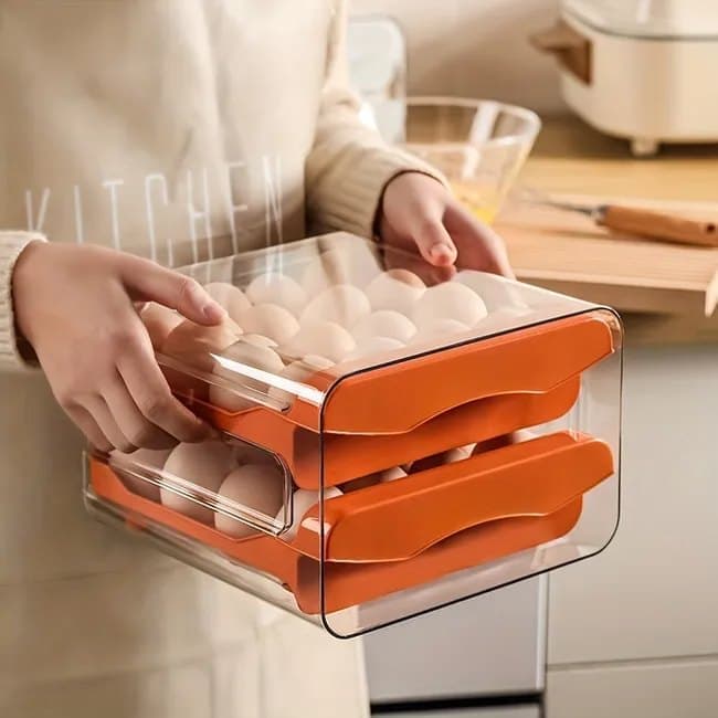 32-pcs XL Egg Storage Container, Transparent Double Layer Egg Holder for Refrigerator, Egg Dispenser, Stacks, Orange