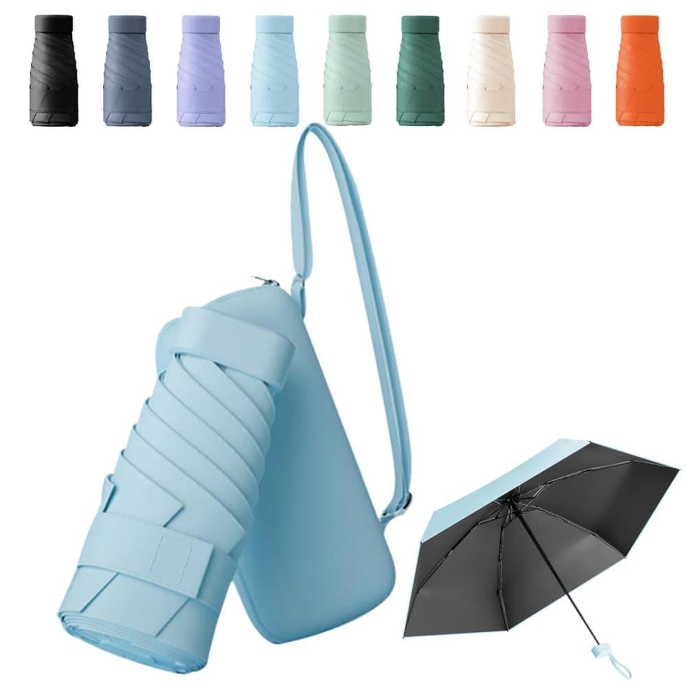 6-Fold Compact UV Protection Umbrella for Sun and Rain, Ultralight with Storage Box, Blue