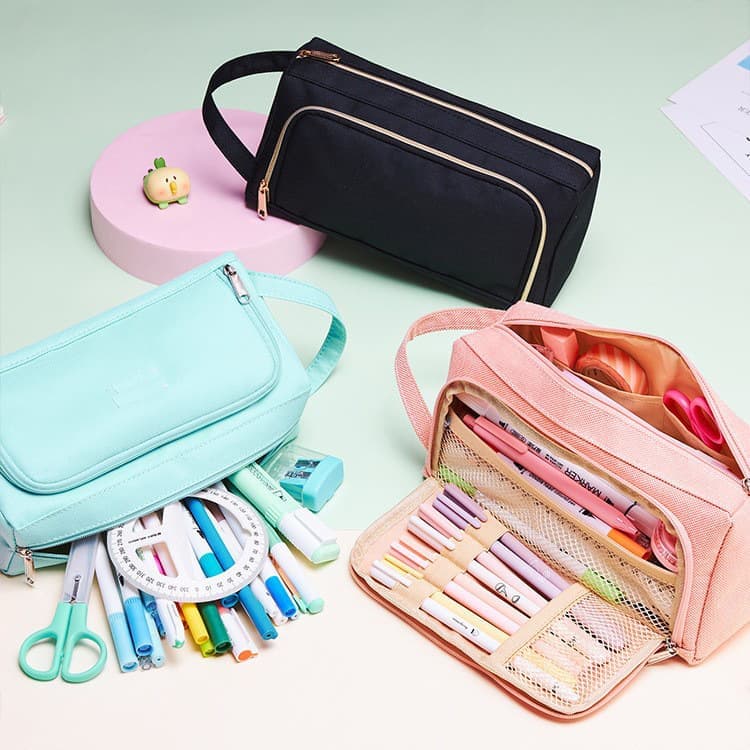 4 Compartments Large Capacity Pencil Case for School Students Travel, Green Pink Black, 9.8 x 5.5 inches