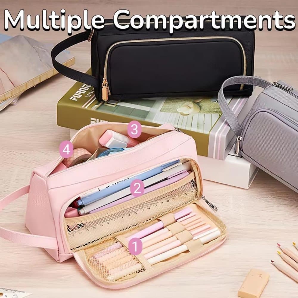 4 Compartments Large Capacity Pencil Case for School Students Travel, Green Pink Black, 9.8 x 5.5 inches