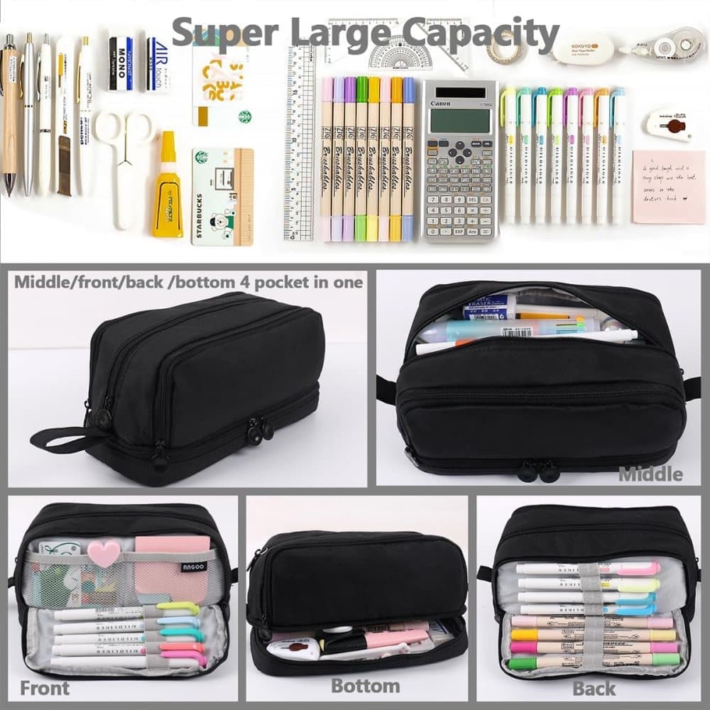 4 Compartments Multifunctional Pencil Case with Handle, Portable Pencil Bag, Black, Large