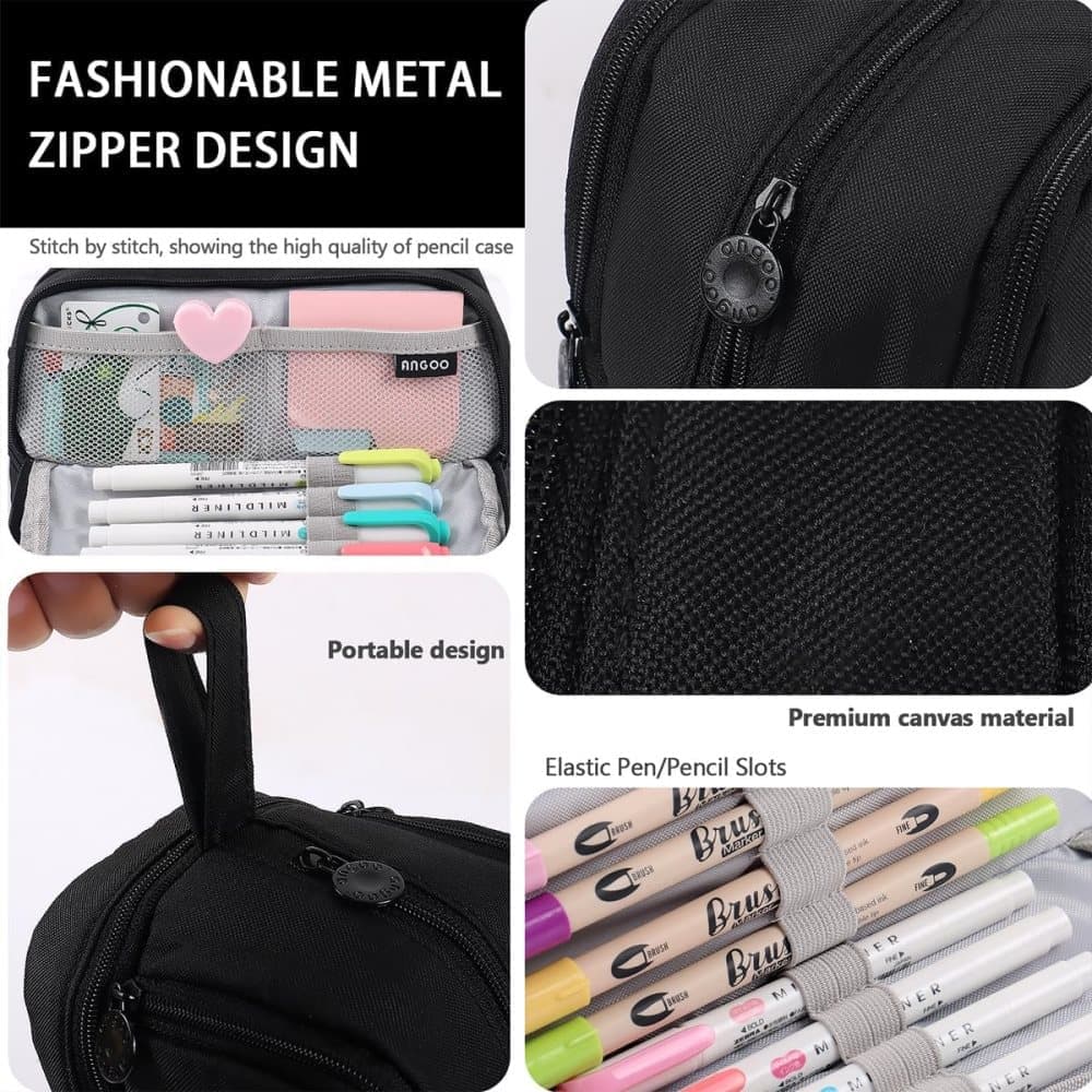 4 Compartments Multifunctional Pencil Case with Handle, Portable Pencil Bag, Black, Large