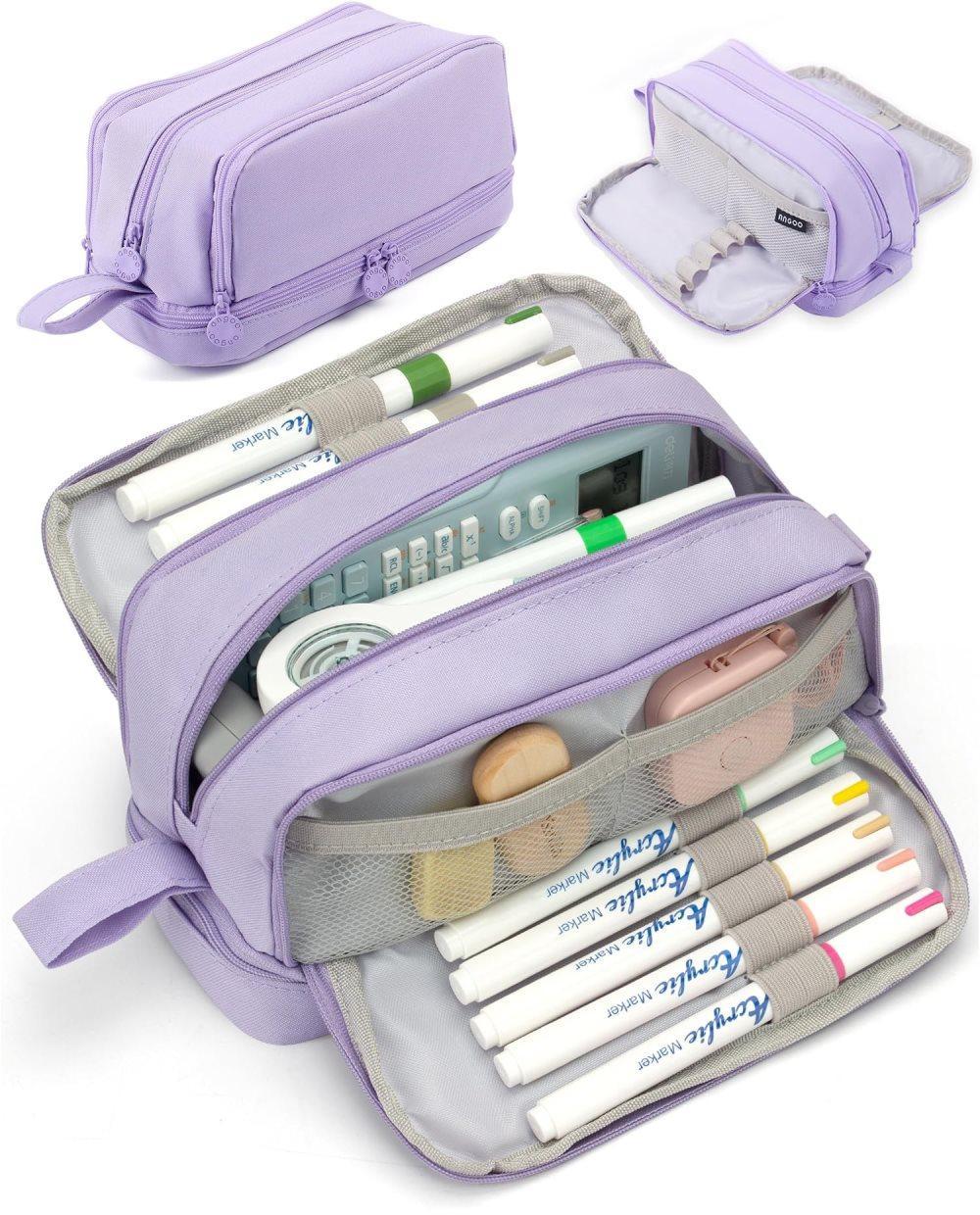 Large Pencil Case with 4 Compartments, Portable Multifunctional Pencil Bag with Handle, Purple