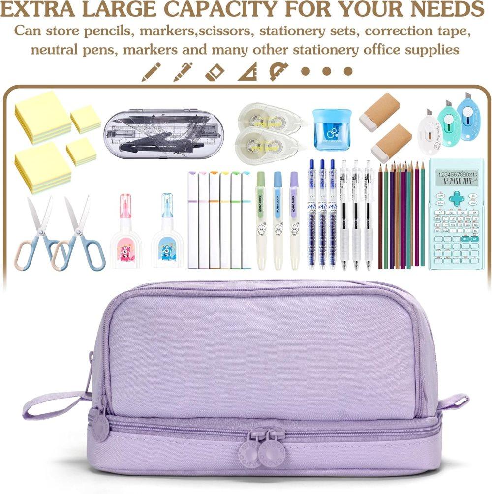 Large Pencil Case with 4 Compartments, Portable Multifunctional Pencil Bag with Handle, Purple