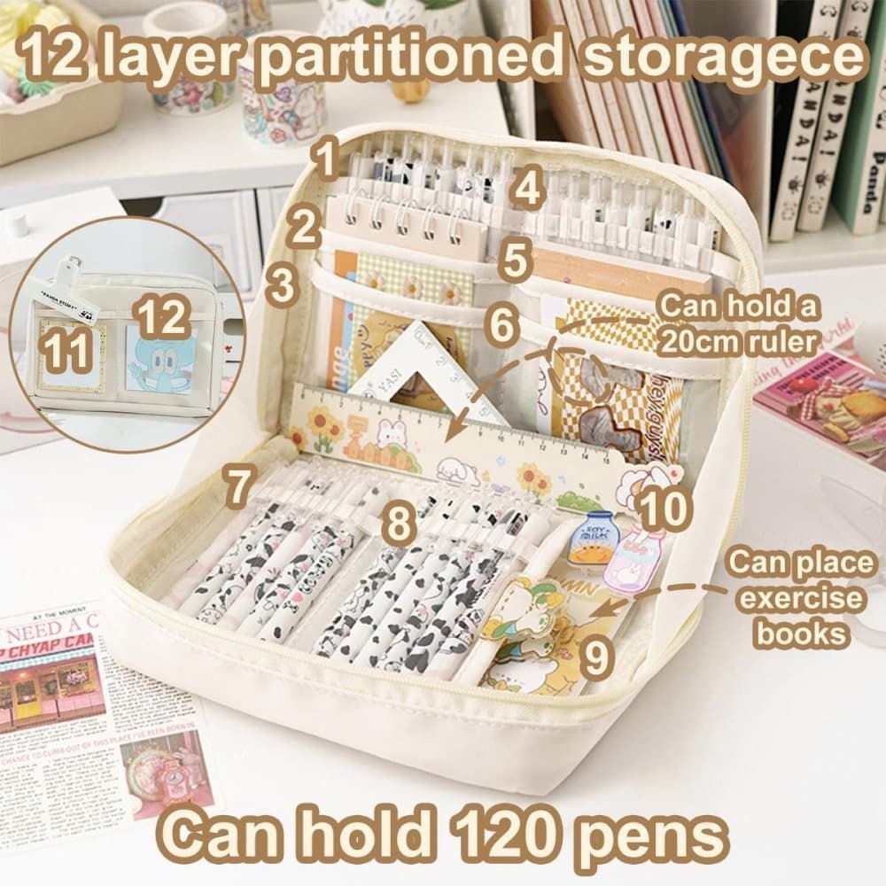 Large Capacity Pencil Case with Compartments and Zipper for School Office Travel, Blue, Multifunctional Stylish Pencil Box