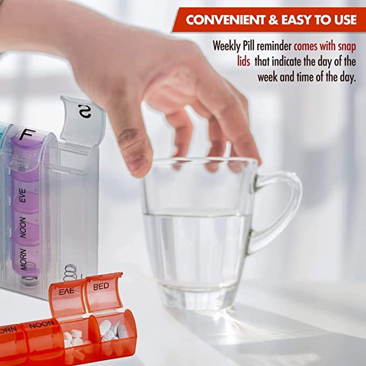 7-day pill box with 4 daily compartments - Automatic opening - 28-compartment pill box - Medicine box - Pill organizer