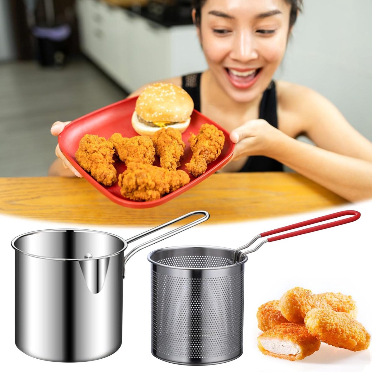 Stainless steel deep fryer - with frying basket and handle - durable, food-grade outdoor mini deep fryer - with perforated strainer - suitable for seafood, chicken, etc.