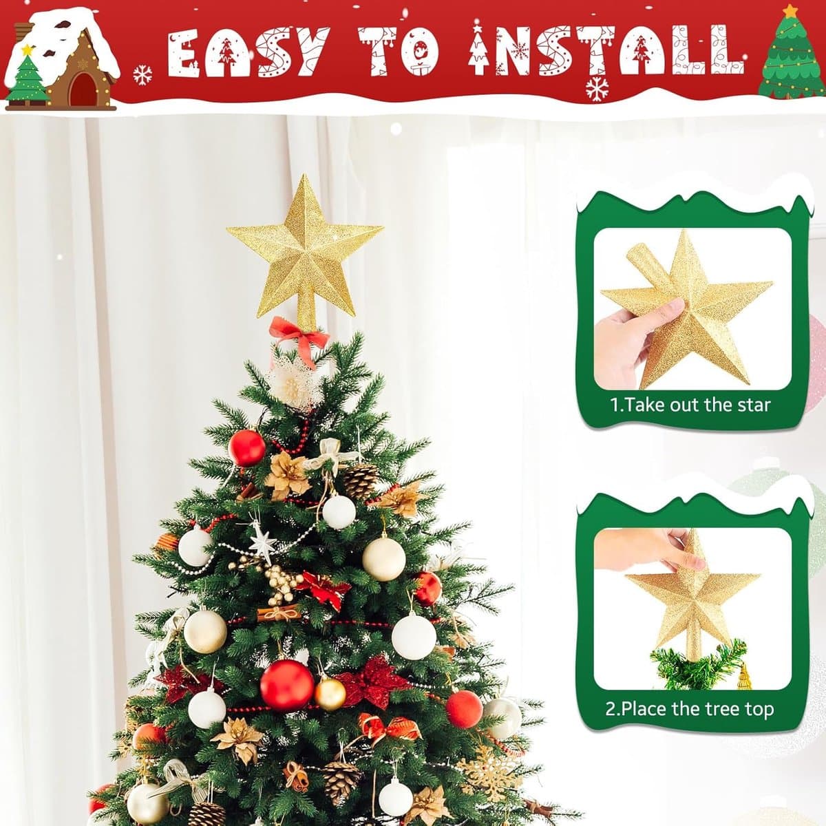 Christmas Tree Topper Sparkling Star 20 cm Gold Unbreakable for Indoor Outdoor Decorations