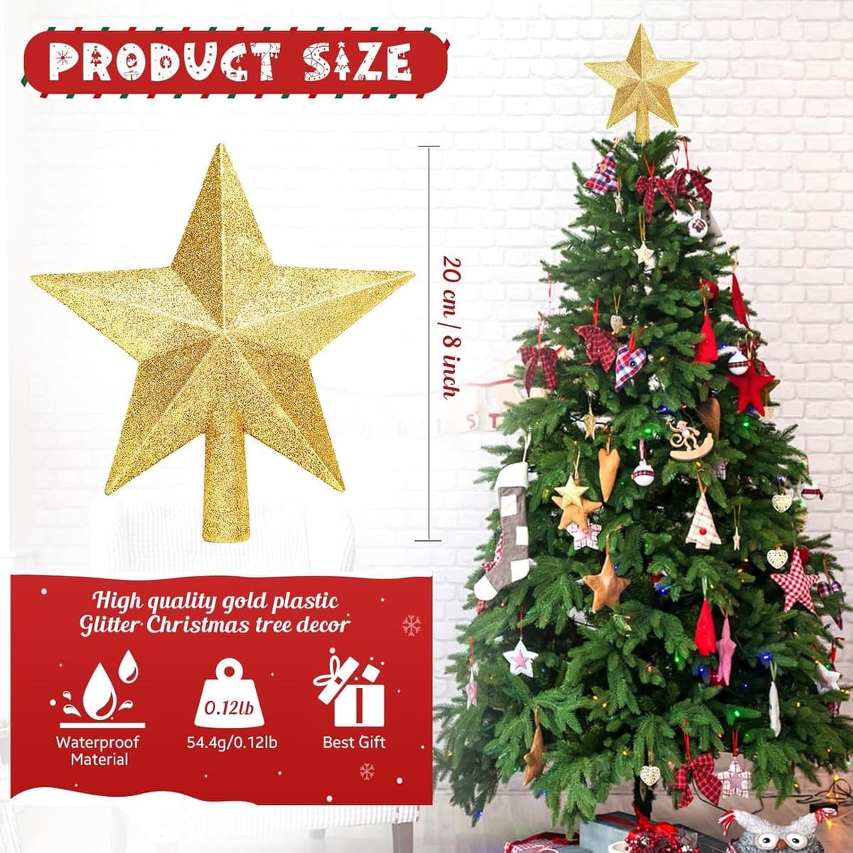 Christmas Tree Topper Sparkling Star 20 cm Gold Unbreakable for Indoor Outdoor Decorations