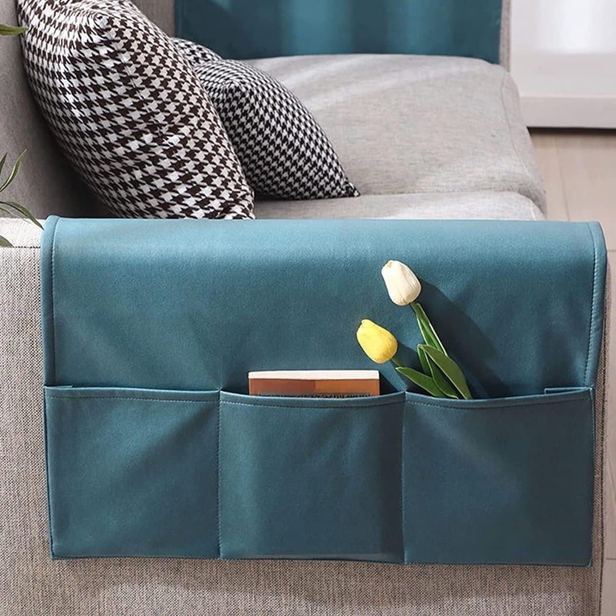 Sofa Armrest Storage - 5 Compartments - Reinforced Tech Fabric - Remote Control Holder - White (60*110CM)