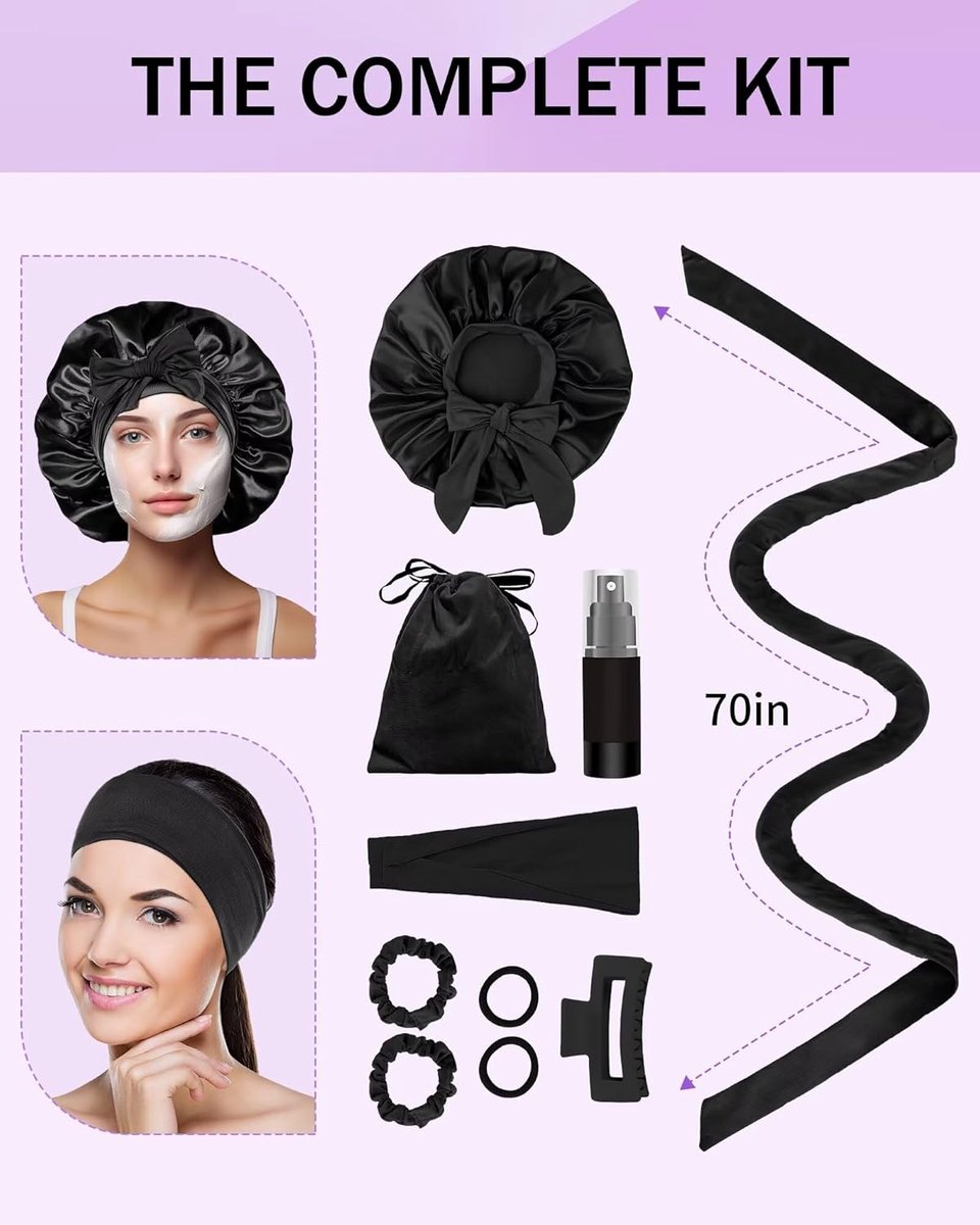 Heat-free hair curlers - Curling rollers - curling set - Blow-dry effect without heat overnight - Soft cap and sleepy bow design - Comfortable curls while you sleep for long hair - black