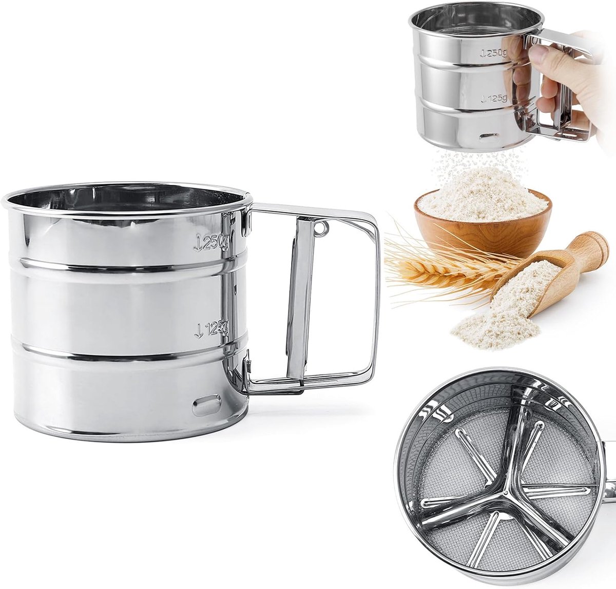 Flour Sieve - Flour Sieve - Professional Fine Mesh Sieve - Fine Kitchen Sieve - One-Hand Press Stainless Steel - Ideal for Baking and Sprinkling Powdered Sugar