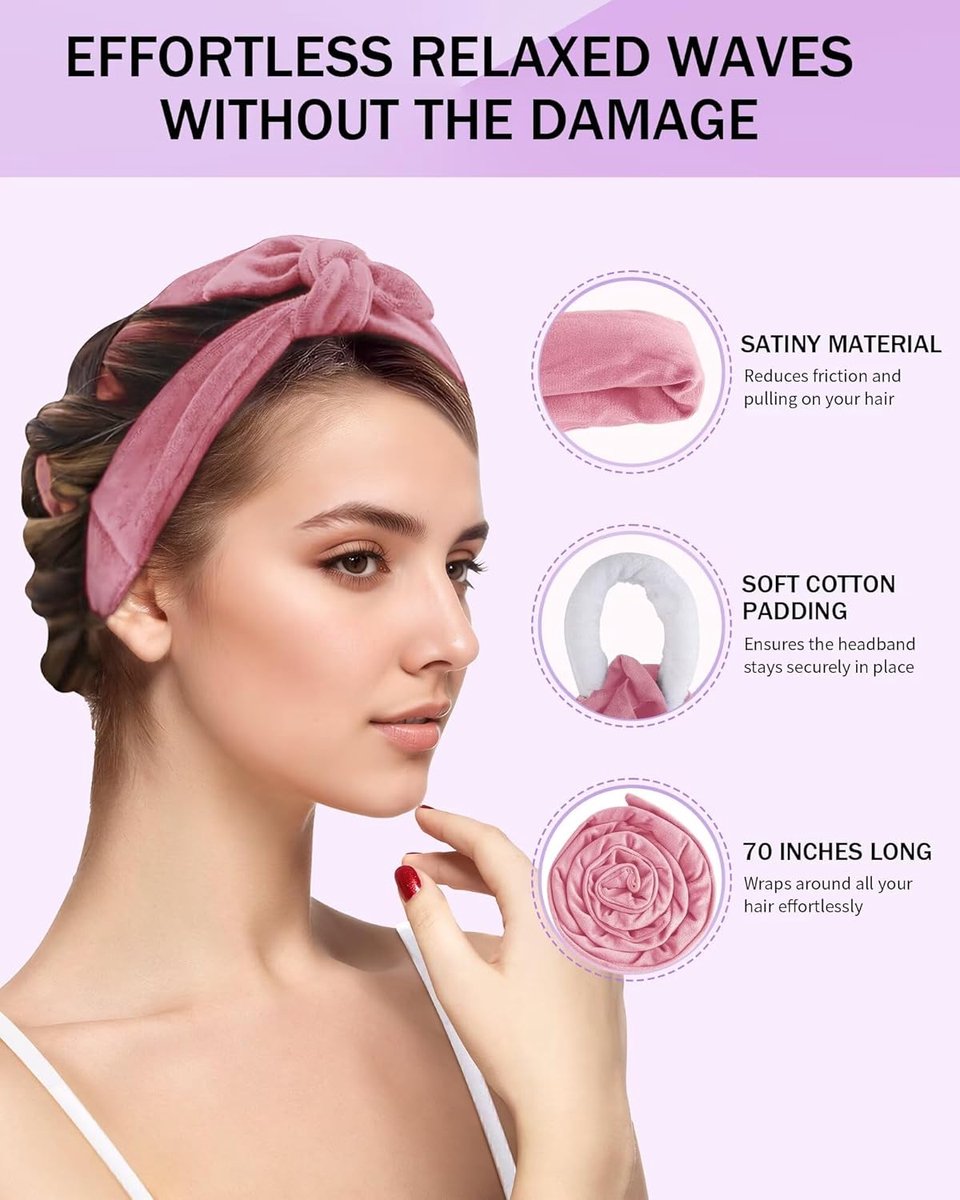 Heat-free hair curlers -Curling rollers- curling set- Blow-dry effect without heat overnight -Soft cap and sleepy bow design -Comfortable curls while you sleep for long hair- pink
