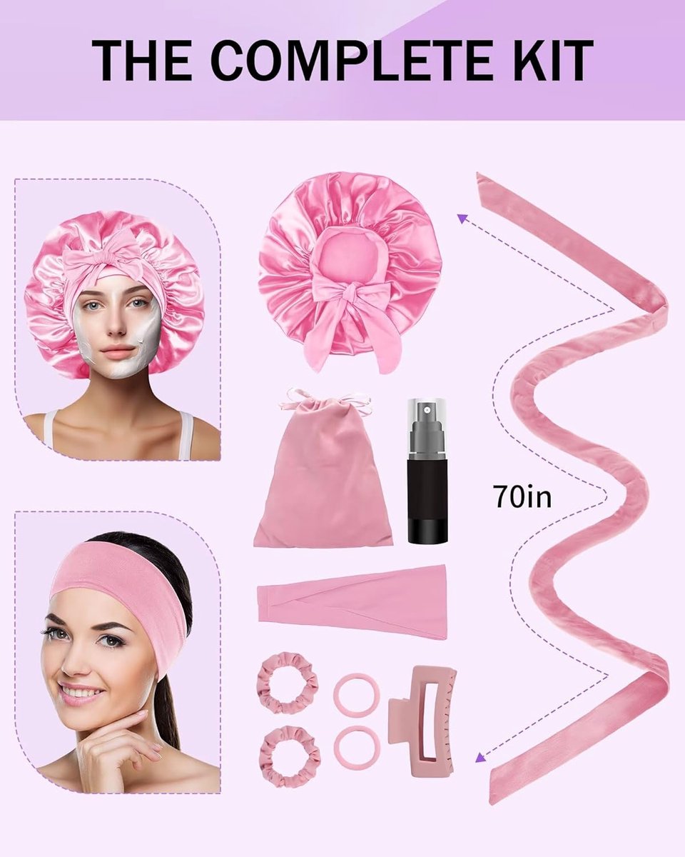 Heat-free hair curlers -Curling rollers- curling set- Blow-dry effect without heat overnight -Soft cap and sleepy bow design -Comfortable curls while you sleep for long hair- pink
