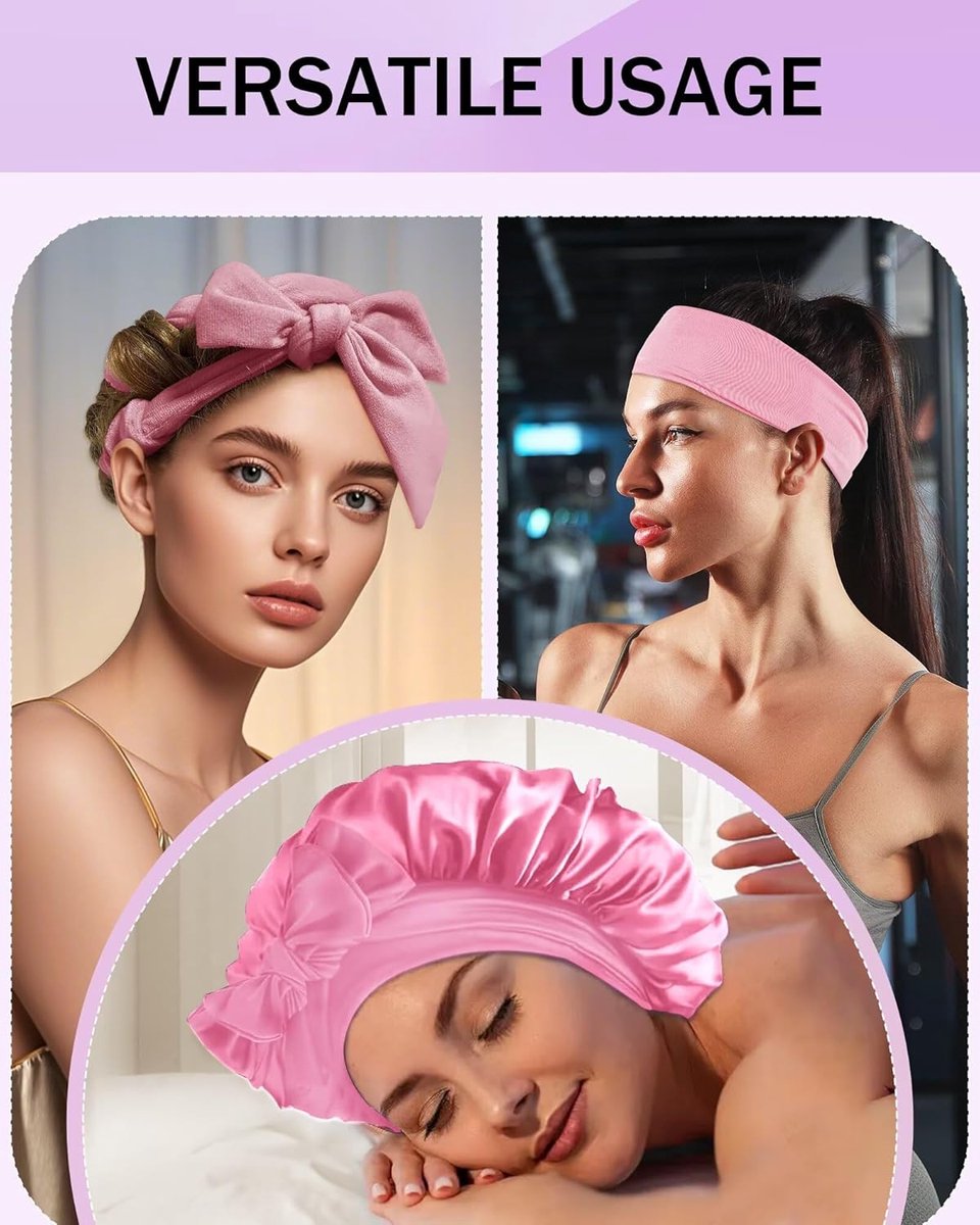 Heat-free hair curlers -Curling rollers- curling set- Blow-dry effect without heat overnight -Soft cap and sleepy bow design -Comfortable curls while you sleep for long hair- pink