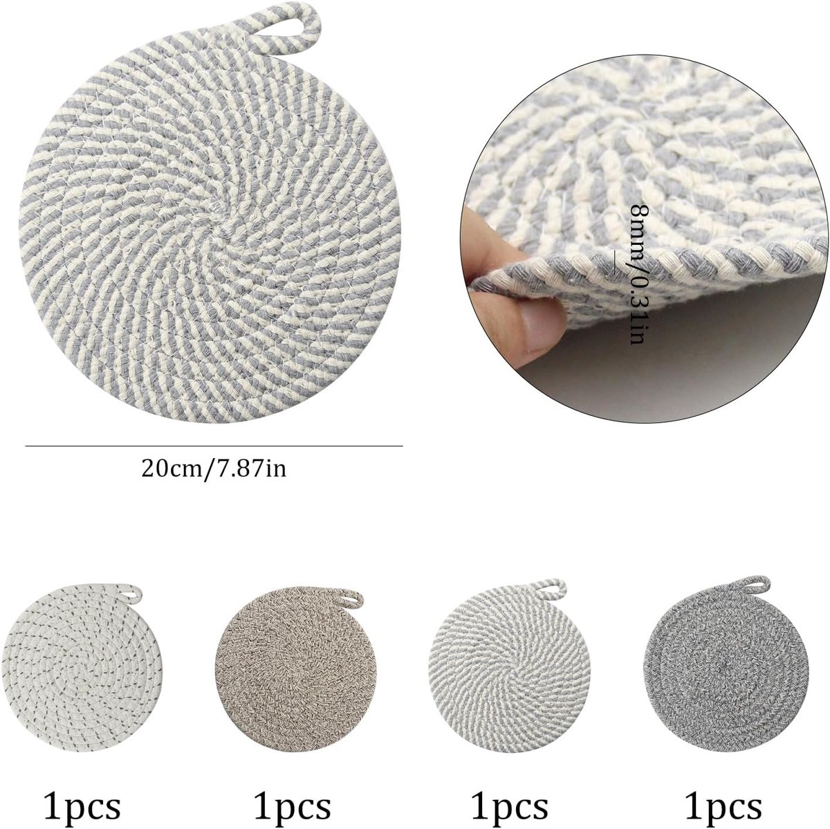Set of 4 heat-resistant insulation mats - heat-resistant cotton mat - round placemat (20 cm) - suitable for kitchen bowls, pots, pans, and plates (4 colors)
