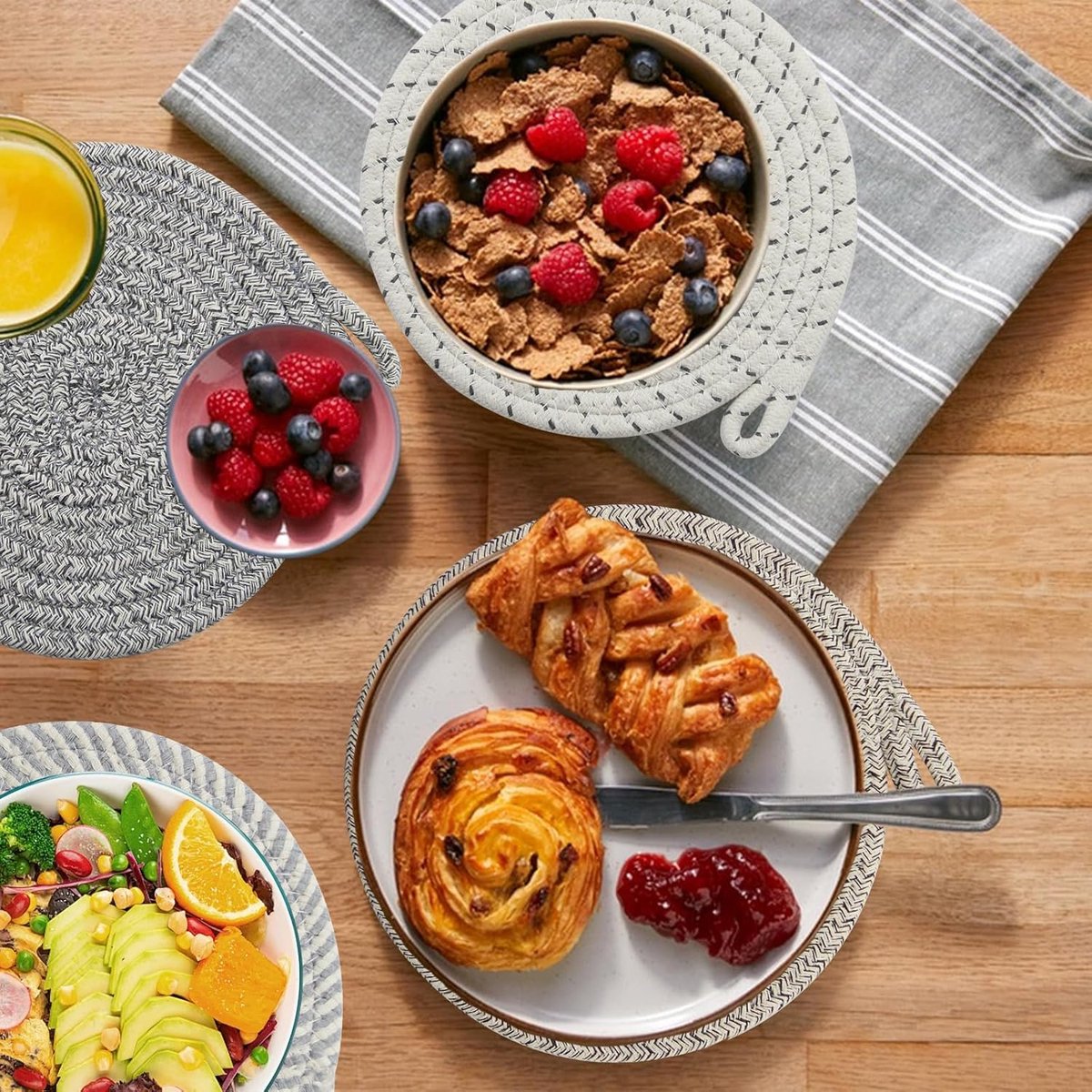 Set of 4 heat-resistant insulation mats - heat-resistant cotton mat - round placemat (20 cm) - suitable for kitchen bowls, pots, pans, and plates (4 colors)