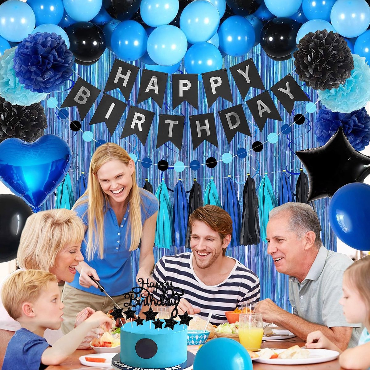 Blue-black birthday party decoration set - Banner & balloons