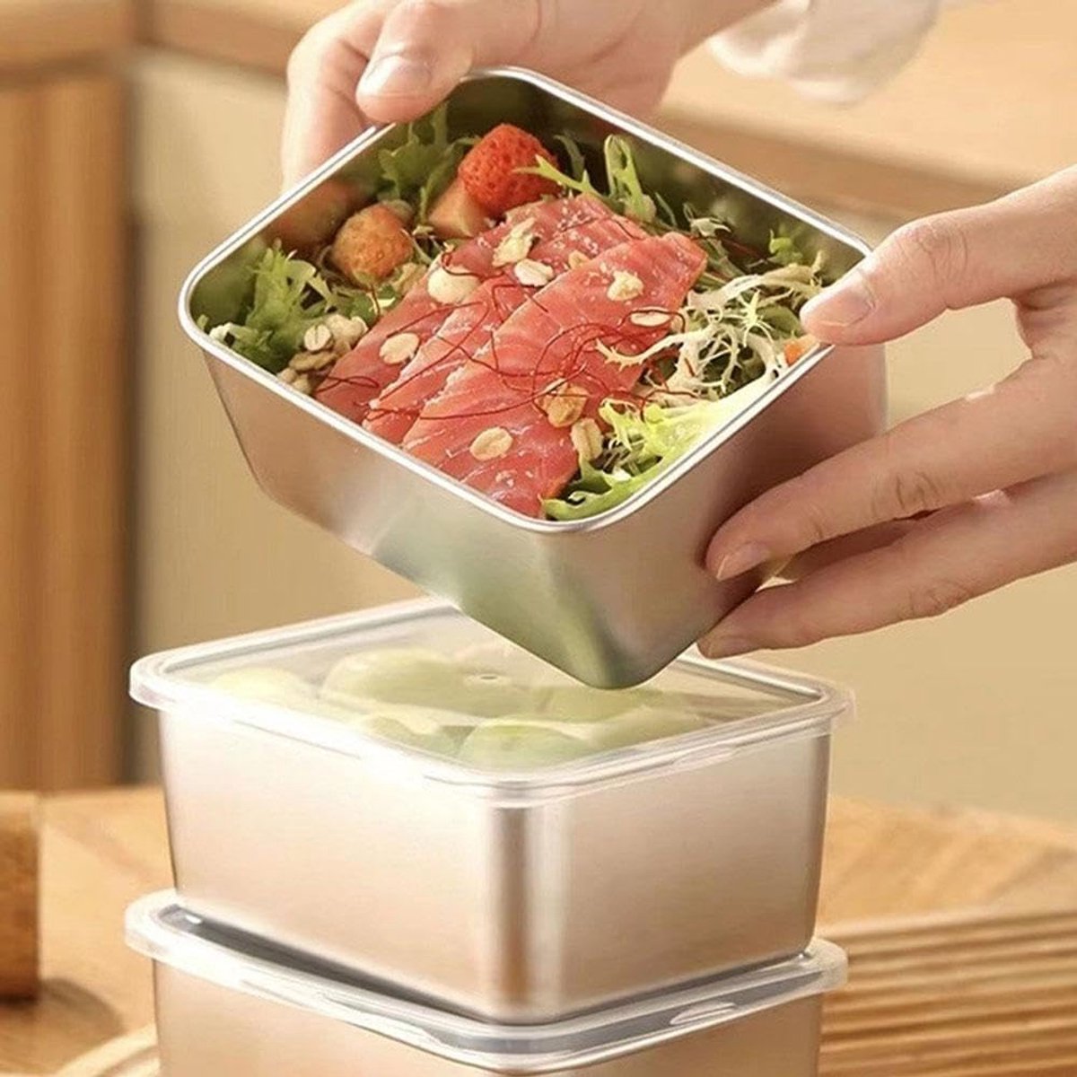 6 Food Containers with Lids - Reusable, Stackable, Waterproof - Stainless Steel - Suitable for Oven, Refrigerator, and Dishwasher - 13.5*10.5*6 cm (500 ml)