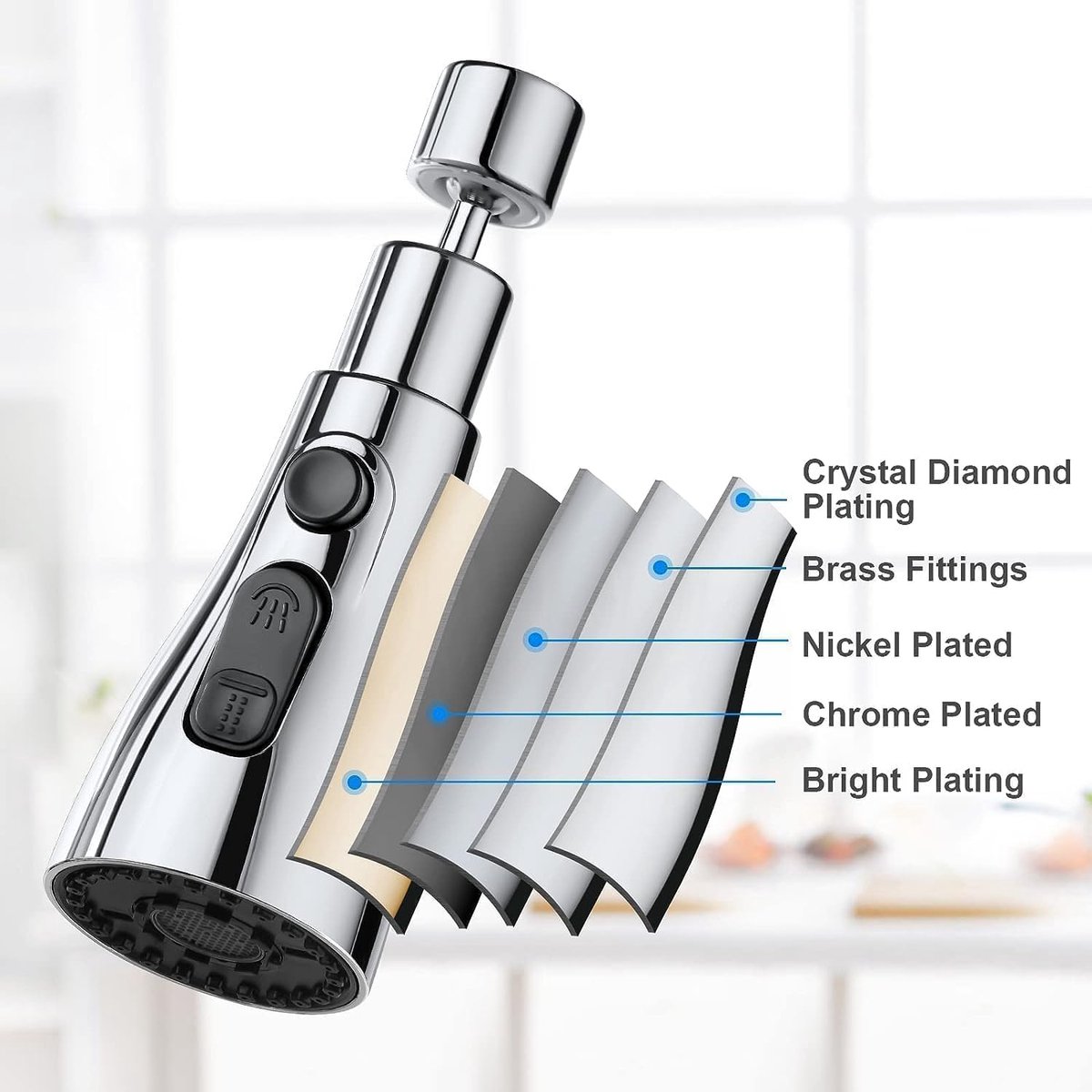 Faucet Attachment - 360 Degree Rotation - Kitchen Tap G1/2 - 3 Positions - Faucet Head - Washing Up - Kitchen Faucet - Water Saving - Flexible Faucet Head - Extension - Faucet Parts - Rotating Faucet Hose - Faucet Nozzle - Silver - For Bathroom Washb