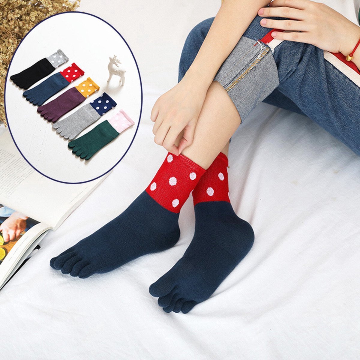 Toe Socks 5 Pairs - Toe Socks - Women's - Cotton - Yoga Socks - Smooth Toe Seam - Runner Toe Socks - Flip-flop Socks - Toe Socks - Toe Socks - Toesocks - Ladies - Antibacterial - Breathable - Comfortable Socks