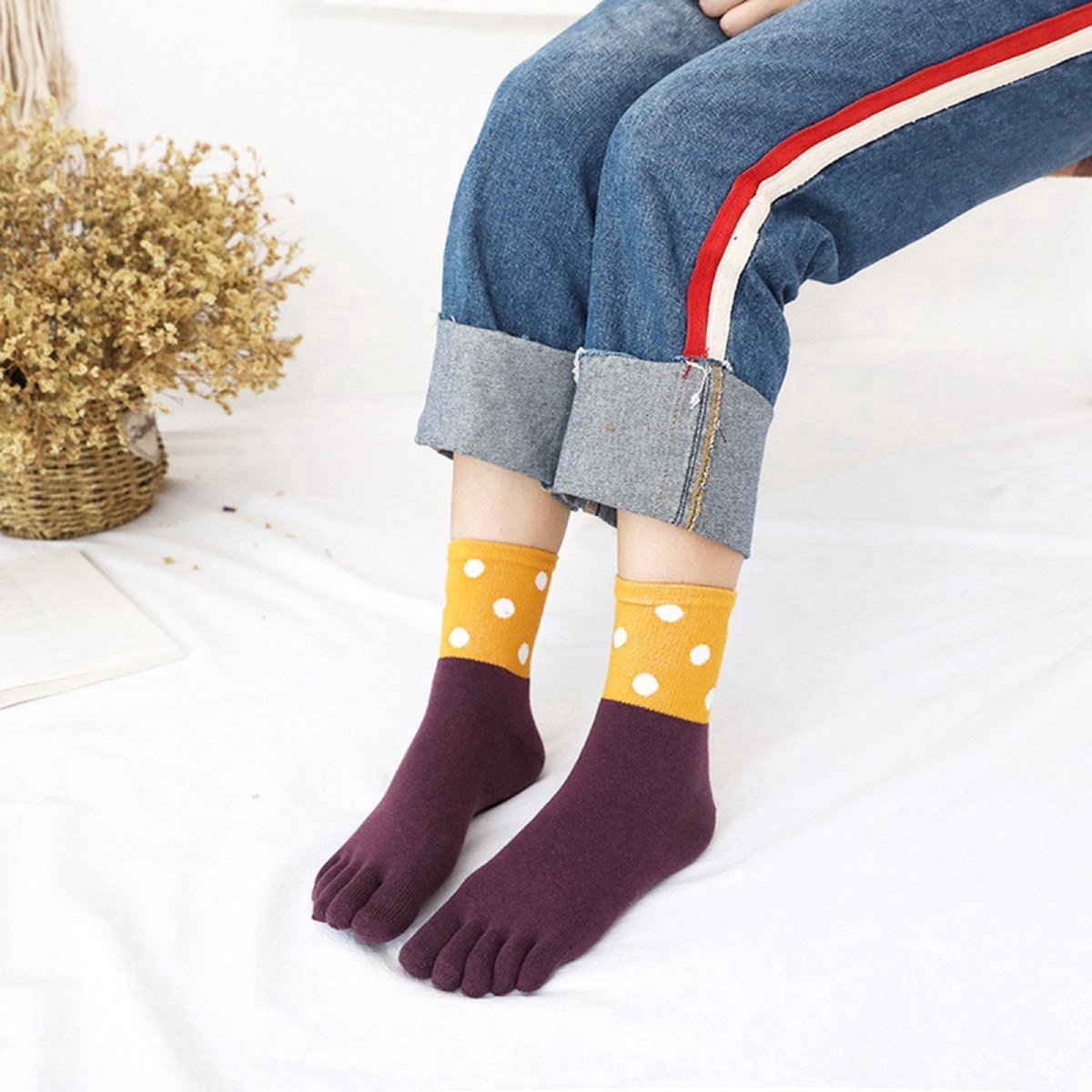 Toe Socks 5 Pairs - Toe Socks - Women's - Cotton - Yoga Socks - Smooth Toe Seam - Runner Toe Socks - Flip-flop Socks - Toe Socks - Toe Socks - Toesocks - Ladies - Antibacterial - Breathable - Comfortable Socks