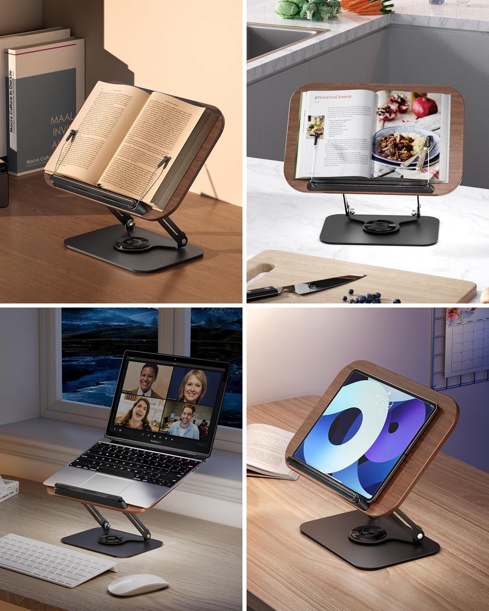 Reading Book Stand - Book Stand - Rotates 360 Degrees - With Page Holders - Adjustable Book Stand - Cookbook Stand - Anti-Slip Reading Stand - Book Support - Foldable and Portable - For Office, Kitchen, School, Textbook, Recipe