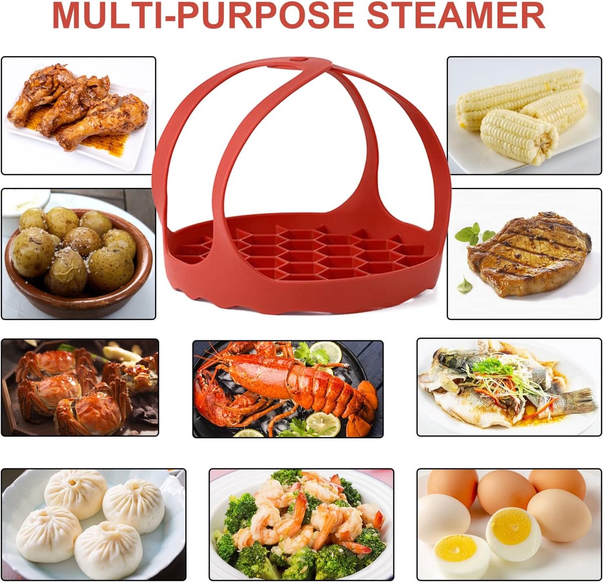 Silicone Steamer Basket (Foldable) - Rubber Baking Sling for Instant Pot 6 Qt / 8 Qt - BPA-Free - Heat Resistant - Handy for Eggs - For Multicookers and Steamers - Easy to Clean - Dishwasher Safe - Steamer Basket - Steamer Rack