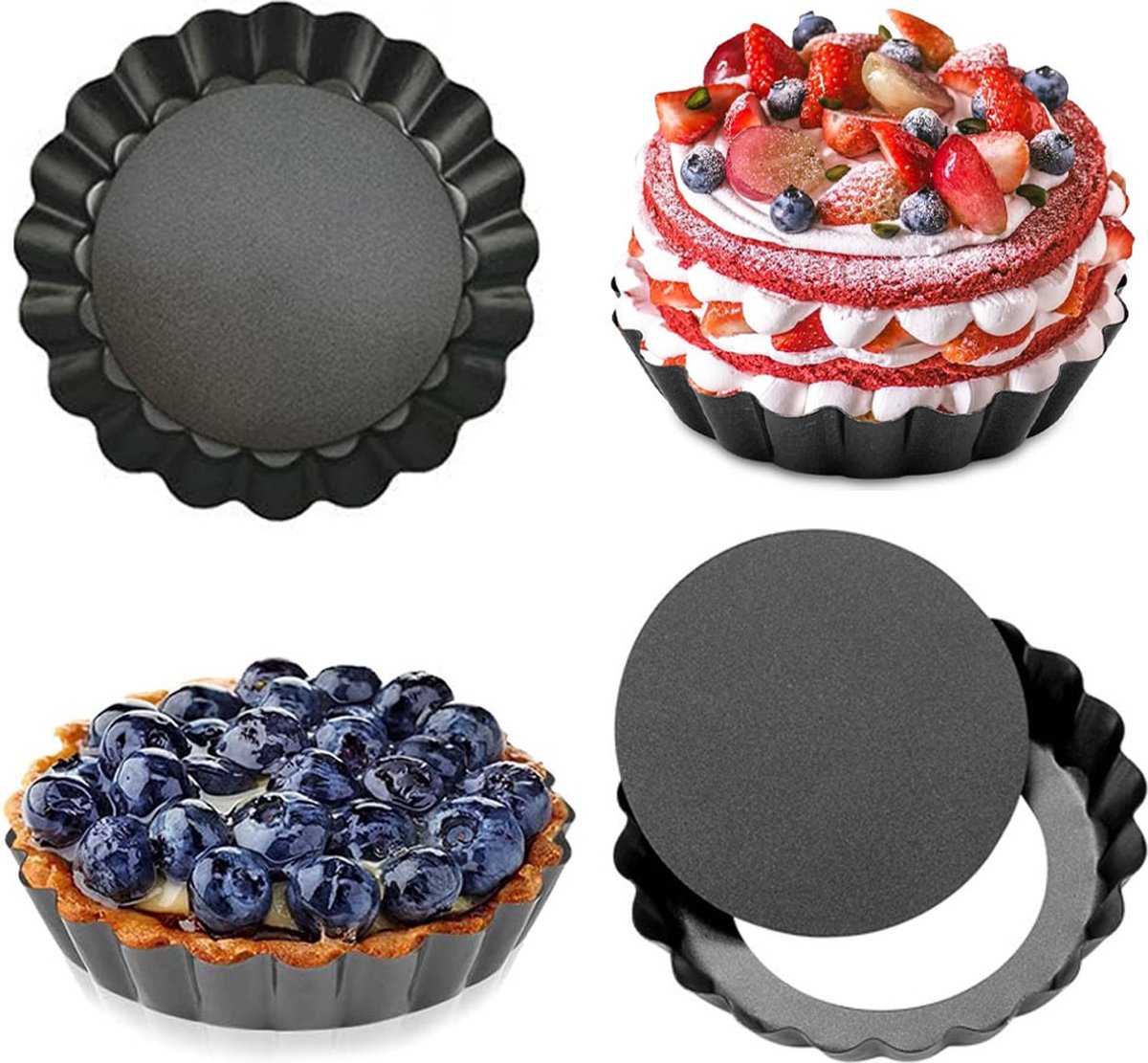 Quiche Pans - Set of 4 - Diameter 10 cm - Quiche Pan with Removable Base - Quiche Baking Pan - Tart Pan with Non-stick Coating - Removable Base - Bake Evenly - Cake Pan - Baking Pan - Baking Tin - Quiche Tart Pan Tin - Dishwasher Safe - Black