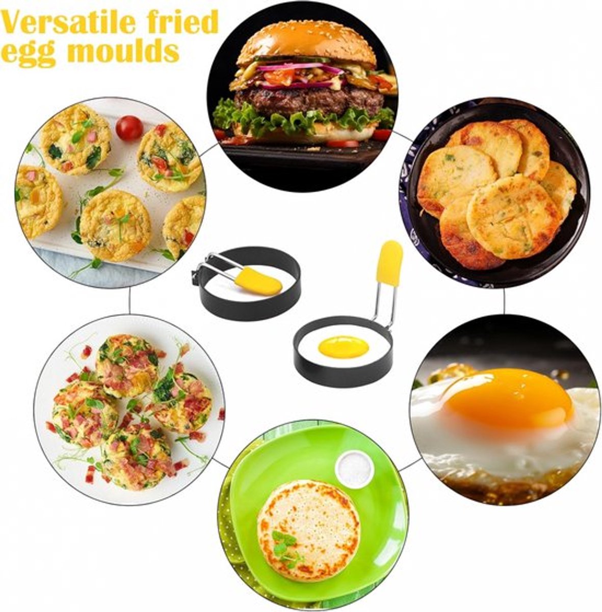 Egg Baking Mold - 4 Pieces - Stainless Steel - Egg Pancake - Fried Egg Mold - Egg Ring - Fried Egg Pancake - With Oil Brush - Frying Eggs - Egg Mold - Egg Molds - Small Egg Shapes - Perfect Round Egg - Baking Mold - Round - Black
