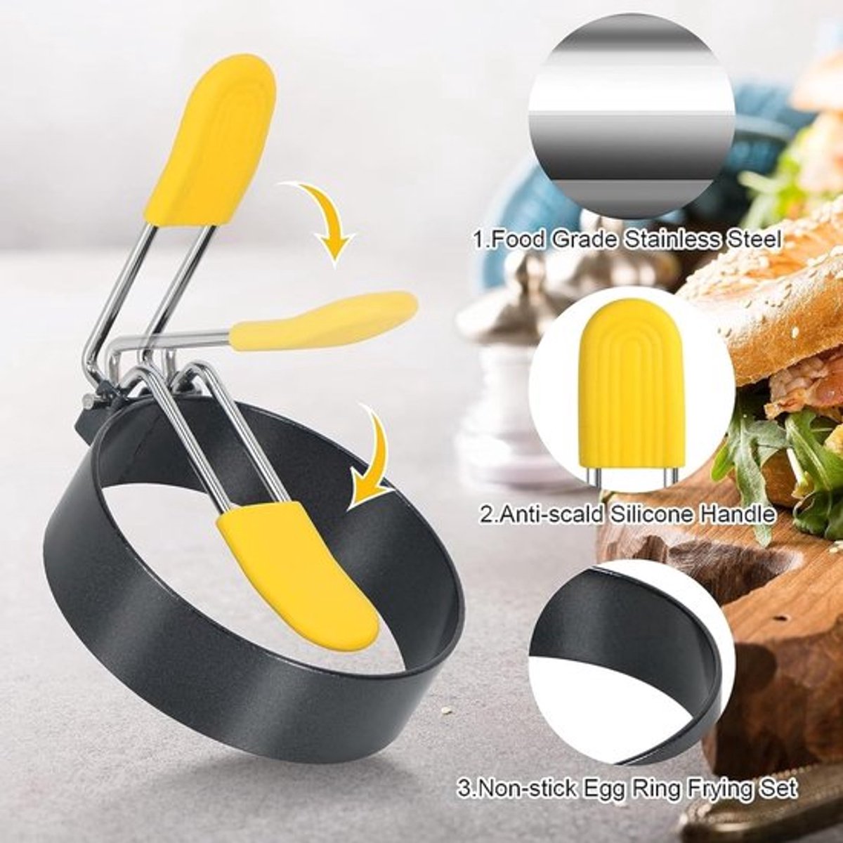Egg Baking Mold - 4 Pieces - Stainless Steel - Egg Pancake - Fried Egg Mold - Egg Ring - Fried Egg Pancake - With Oil Brush - Frying Eggs - Egg Mold - Egg Molds - Small Egg Shapes - Perfect Round Egg - Baking Mold - Round - Black